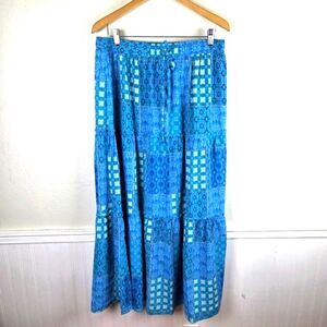 Boho Maxi Skirt Women's XL Blue Patchwork Print Tiered Flowy Drawstring